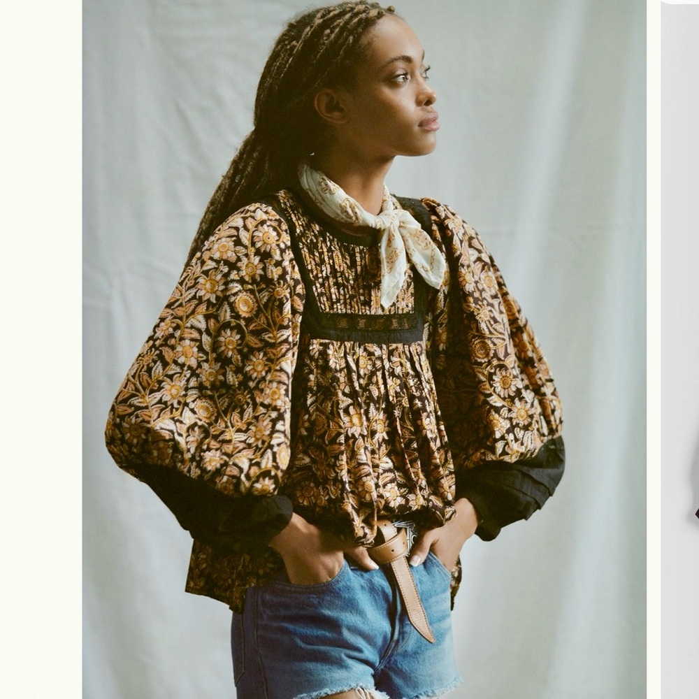 🎉NWT Anthropologie Rafia Lace Blouse by Cleobella sz Large brown black floral